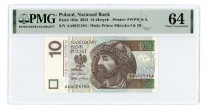 10 zloty 2012 - AA series 0025184 - PMG 64