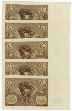 10 złotych 1940 - seria L - zestaw 5 sztuk banknotów