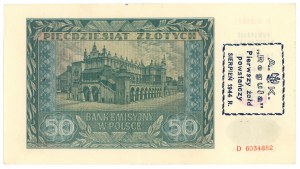 50 zlotých 1941 - série D - A.K. REGUŁA s přetiskem připomínajícím Varšavské povstání ve faleristickém a numismatickém provedení