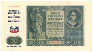 50 zlotých 1941 - séria D - A.K. REGUŁA s pretlačou pripomínajúcou Varšavské povstanie vo faleristickom a numizmatickom prevedení