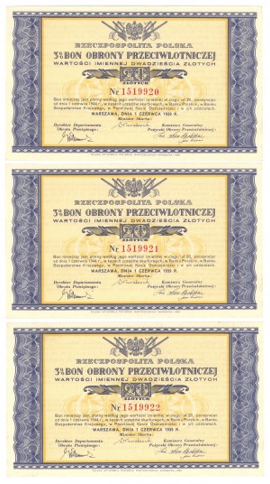 3% Bon Obrony Przeciwlotniczej - 20 złotych 1939 - set 7 sztuk