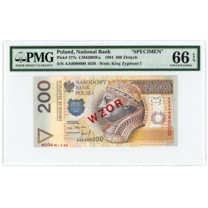 200 złotych 1994 - AA 0000000 - WZÓR Nr. 1639 - PMG 66 EPQ