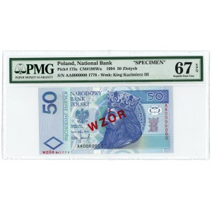 50 złotych 1994 - AA 0000000 - WZÓR Nr 1778 - PMG 67 EPQ - 2-ga max nota