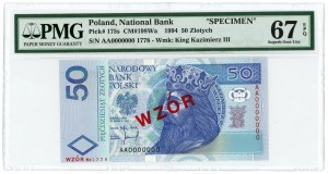 50 złotych 1994 - AA 0000000 - WZÓR Nr 1778 - PMG 67 EPQ - 2-ga max nota