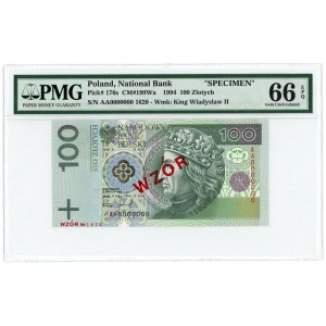 100 złotych 1994 - AA 0000000 - WZÓR Nr. 1620 - PMG 66 EPQ - 2-ga max nota