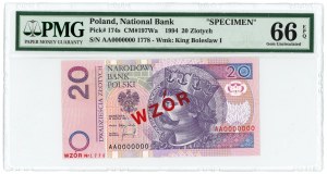 20 złotych 1994 - AA 0000000 - WZÓR Nr. 1778 - PMG 66 EPQ - 2-ga max nota