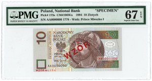 10 złotych 1994 - AA 0000000 - WZÓR Nr 1778 - PMG 67 EPQ - 2-ga max nota