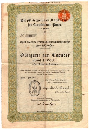 Mortgage bond (25 years) - Archbishopric of Poznań (Poznań) - 1000 guilders 01.05.1928