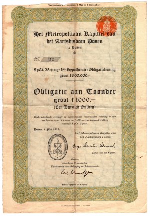 Obligacja hipoteczna (25 letnia) - Arcybiskupstwo Poznańskie (Poznań) - 1000 guldenów 01.05.1928
