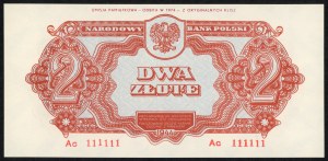 2 zloty 1944 - Serie Ac 111111 - Emissione commemorativa del 1974