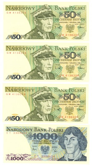 50 złotych 1988 oraz 1.000 złotych 1982 - zestaw 4 sztuk banknotów