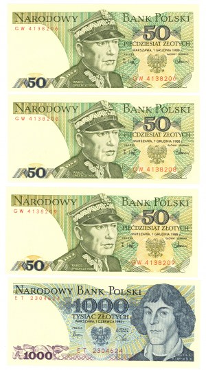 50 zlotých 1988 a 1 000 zlotých 1982 - sada 4 bankoviek