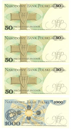50 zlotys 1988 et 1 000 zlotys 1982 - série de 4 billets