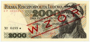 2 000 zlotys 1982 - série BP 0000000 numéro de modèle 0499 - MODÈLE / SPÉCIMÈNE