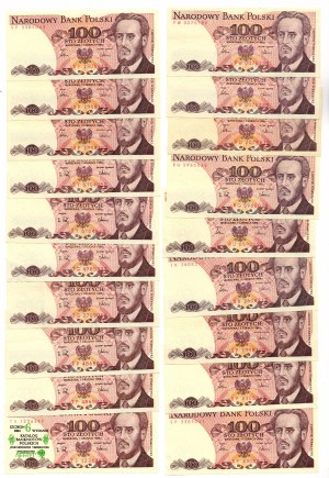 100 złotych (1986-1988) - zestaw 19 sztuk banknotów