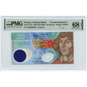 20 złotych 2022 Mikołaj Kopernik niski numer MK 0000945 - PMG 68 EPQ