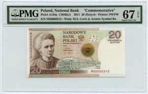 20 zloty 2011 - Maria Skłodowska Curie - MS series low No 0000312 PMG 67 EPQ