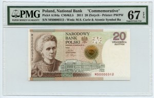 20 złotych 2011 - Maria Skłodowska Curie - seria MS niski nr 0000312 PMG 67 EPQ