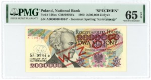 2.000.000 złotych 1992 - seria A 0000000 No 0984* - WZÓR / SPECIMEN - PMG 65 EPQ