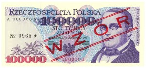 100,000 zloty 1993 - Series A 0000000 - MODEL / SPECIMEN No.0965*.