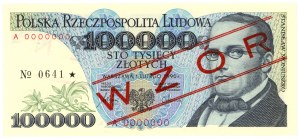 100.000 zloty 1990 - Serie A 0000000 - MODELLO / SPECIMEN N.0641*.