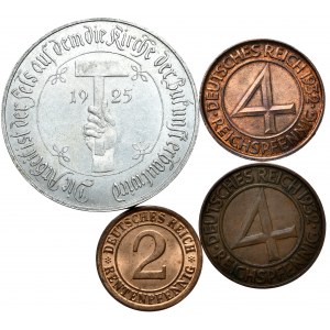 Niemcy, Republika Weimarska, zestaw 4 szt. - medal i 3 monety 4 i 2 fenigowe