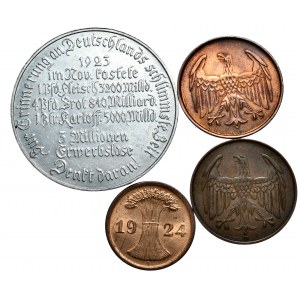 Niemcy, Republika Weimarska, zestaw 4 szt. - medal i 3 monety 4 i 2 fenigowe