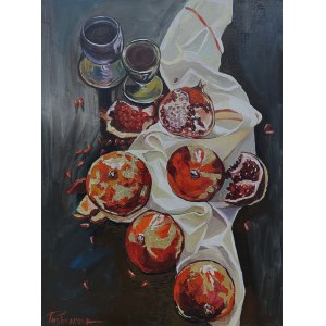 Hanna Pushkarova, Granátové jablká na stole, 2023