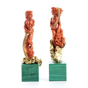 Carlo Parlati: A pair of coral, 18k gold and malachite sculptures