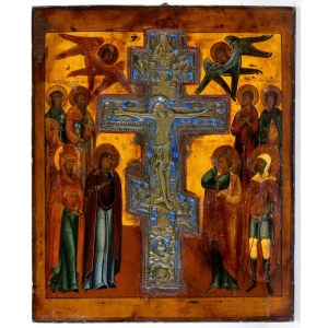 Russian Stauroteca icon with bronze and enamels cross