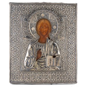 ANDREI MIKHAILOVITCH POSTNIKOV: Russische Ikone, die Christus Pantokrator mit silberner Riza darstellt