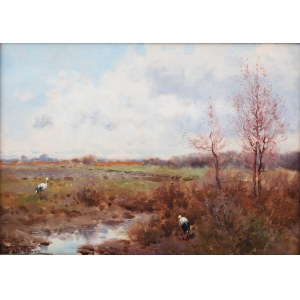 Adam Setkowicz (1875 Krakow - 1945 there), Storks on the meadow
