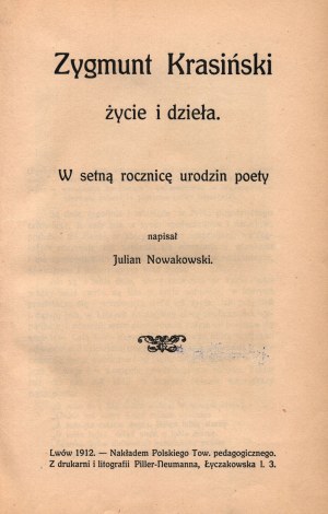 Nowakowski Julian- Zygmunt Krasiński. Życie i dzieła (piękna okładka) [Lwów 1912] wydawnicza)