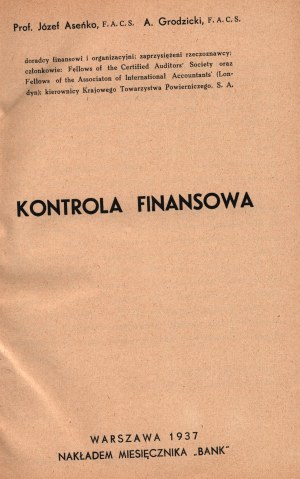 Aseńko J., Grodzicki A.- Finančná kontrola (Varšava 1937)