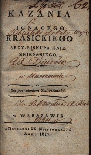 Krasicki Ignacy - Kázání (Varšava 1819) [vzácné].