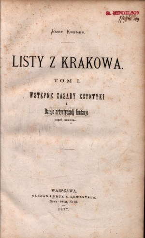 Kremer Jozef- Dopisy z Krakova (Dějiny umělecké fantazie)[díl I-II].