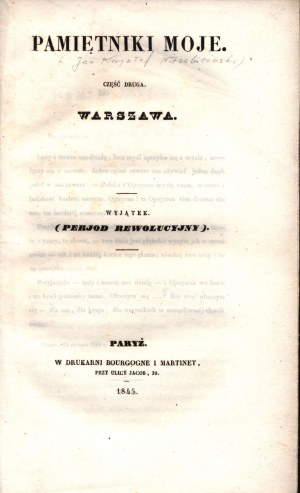 (November Uprising)Niezabytowski Krzysztof Jan- Pamiętniki moje. Part druga, Warsaw [Paris 1845].