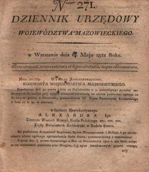 (prawo propinacyjne dla żydów)Dziennik urzędowy Województwa Mazowieckiego Numer 271 [Warszawa 1821]