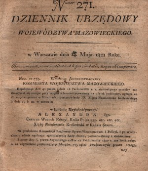 (Propinationsgesetz für Juden)Amtsblatt der Provinz Mazowieckie Nummer 271 [Warschau 1821].