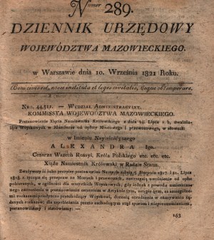 (furti, evasioni, piccoli reati) Gazzetta ufficiale della Provincia di Mazowieckie numero 289 [Varsavia 1821].