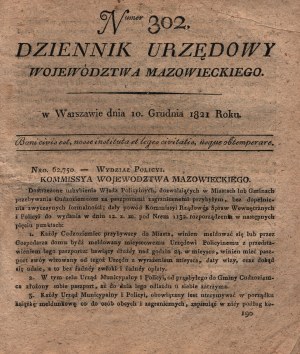 (Upravující problematiku cizinců pobývajících v Království) Úřední věstník Mazovského vojvodství číslo 302 [Varšava 1821].