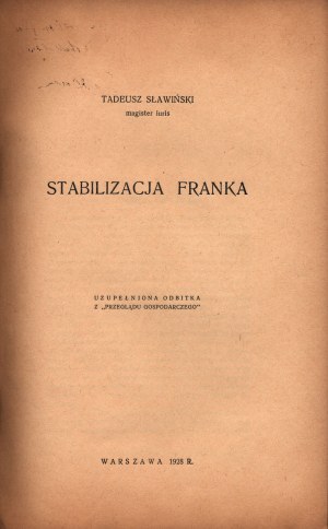 Slawinski Tadeusz- Stabilisierung des Frankens [Widmung des Autors][Warschau 1928].