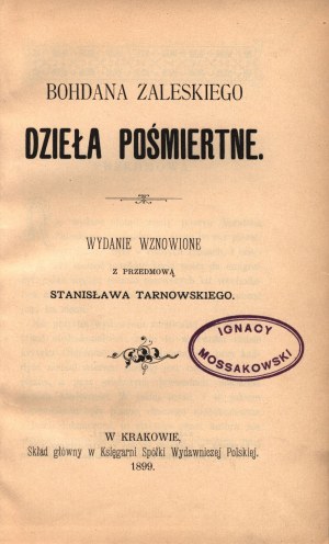 Opere postume di Bohdan Zaleski [volumi I-II] [Scuola ucraina del romanticismo polacco].