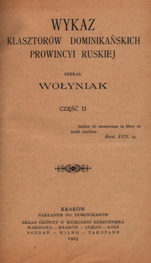 Giżycki Jan Marek- Wykaz klasztorów dominikańskich prowincyi ruskiej. Część II [Kraków 1923]