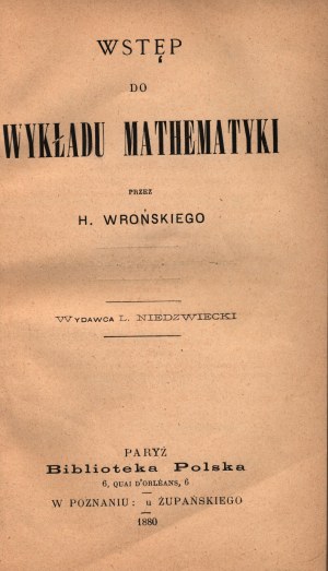 Vronsky H. - Úvod do prednášky z matematiky [Paríž 1880].