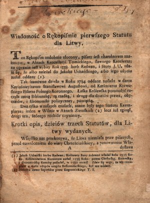 Czacki Tadeusz - O litewskich i polskich prawach, o ich duchu, źrzódłach, związek i o rzeczach zawartych w pierwszem Statucie dla Litwy 1529 roku wydanem. Band I 1800