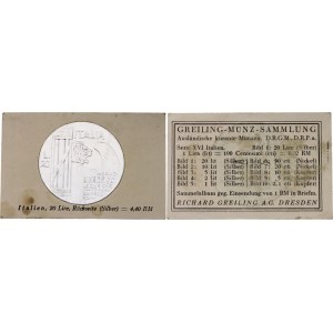 Italy 20 Lira 1928 German Collector's Coin Card