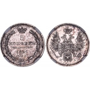 Russia 5 Kopeks 1851 СПБ ПА NGC UNC