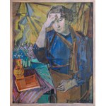 Janina Muszanka-Łakomska (1920 - 1982), Porträt einer Frau an einem Tisch, Jahrhundertwende. 40/50.