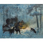 Jerzy Potrzebowski (1921 - 1974), Hunters by the fire, 1950s.